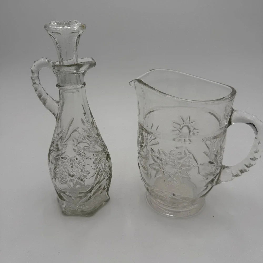 Vintage Starburst Pressed Glass Cruet with Stopper and Creamer Pitcher Set EUC